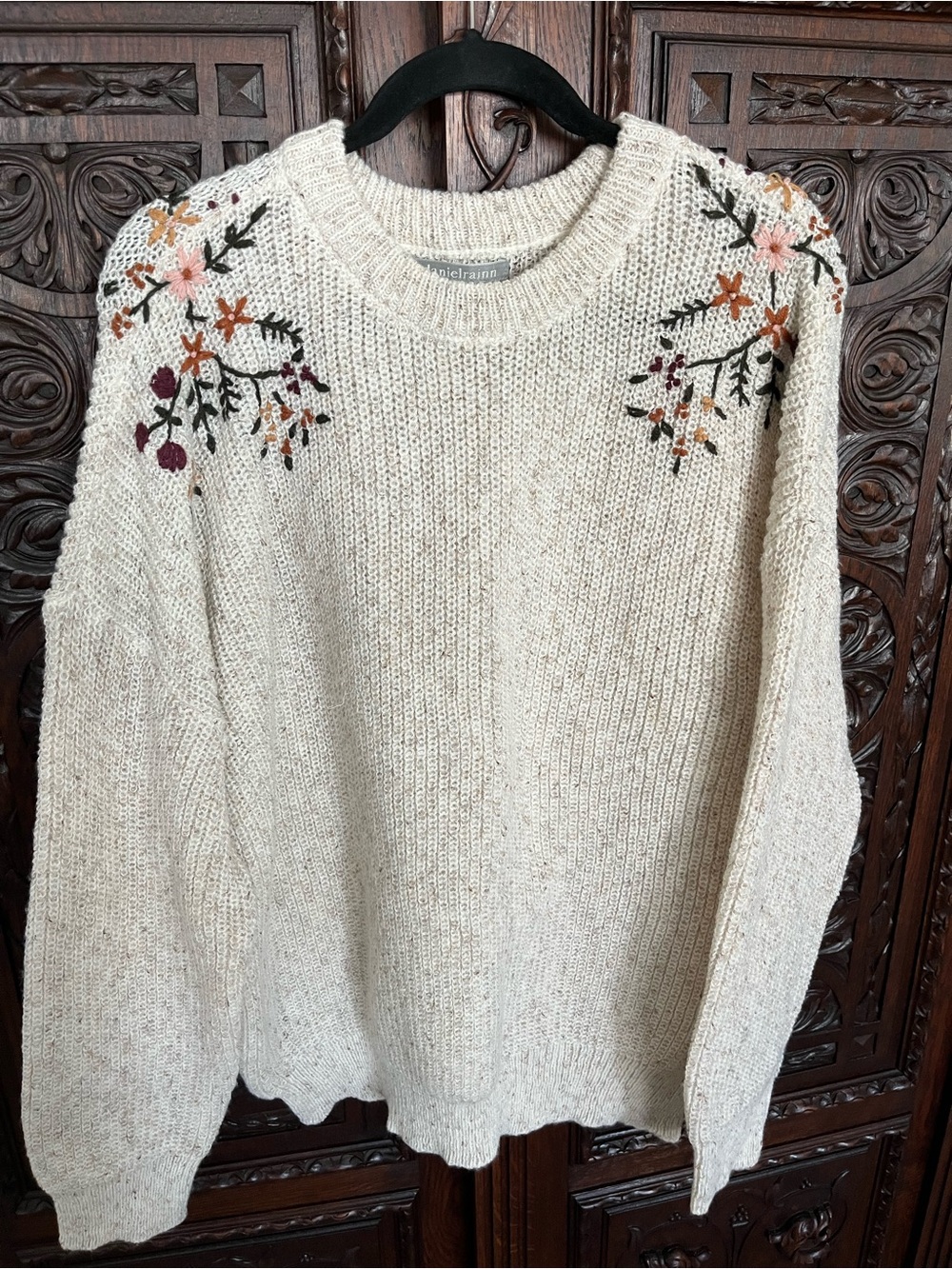 Daniel Rainn Cream Crewneck Sweater with Floral Embroidery